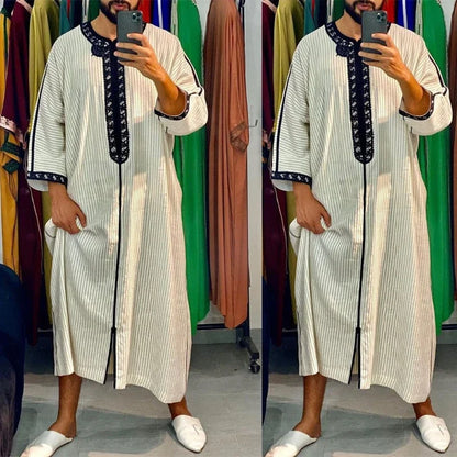 Men's White Muslim Robe | Djellaba with Stripe Print - Dhavinci