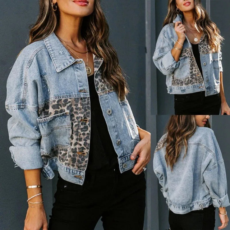 Leopard Stitching Denim Jacket Women Coat Fashion Female Outerwears Long Sleeve Lapel Button Down Chest Pocket Female Tops - Dhavinci