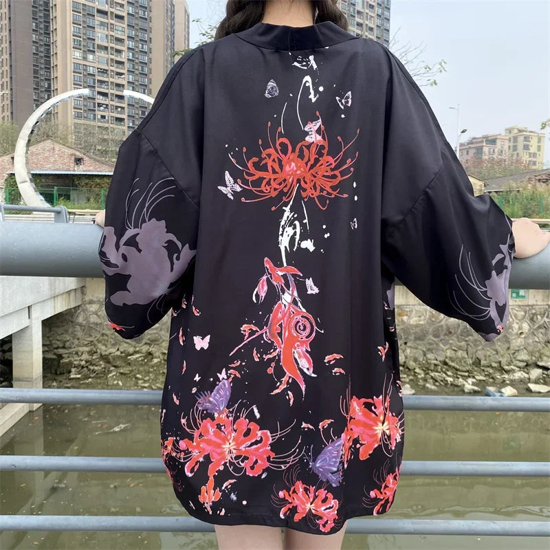 Bebovizi Japanese Style Flaming Phenix Print Cardigan Kimono Harajuku Women Men Sexy Yukata Female Streetwear Traditional Haori - Dhavinci