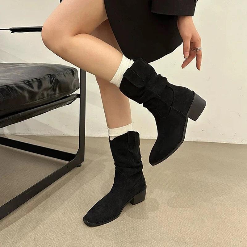 Vintage Pleated Cowboy Boots for Women | Pointed Toe Ankle Boots - Dhavinci