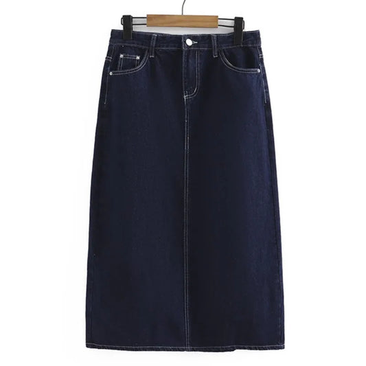 Plus Size Skirt Women 2023 Spring Fashion Deep Blue High Waist A-Line Retro Back Split Denim Mid-Length Bottoms Curve Clothes - Dhavinci