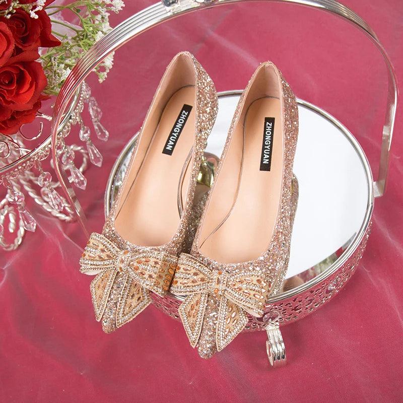 Bling Bridal Shoes for Women - Crystal Bow Thin Heels Pumps - Dhavinci