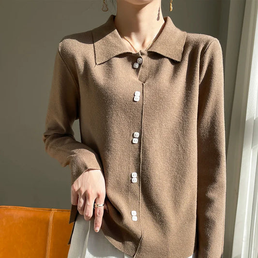 Lapel Neck Cashmere Cardigan | Women’s Long Sleeve Sweater - Dhavinci