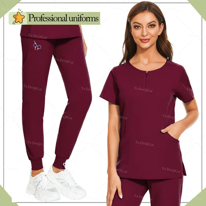 New Medical Surgical Uniforms Woman Scrub Set Beauty Salon Workwear Clinical Scrubs Top Pocket Pants Vet Doctor Zip Nursing Suit - Dhavinci