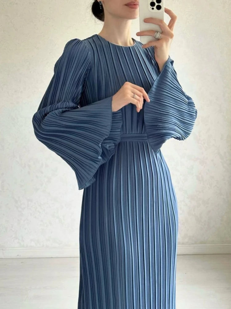 Eid Flare Sleeve Pleated Dress | Modest Muslim Abaya Kaftan - Dhavinci