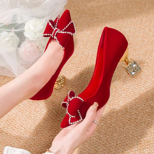 Red Bowtie Crystal High Heels - Elegant Bridal Pumps - Dhavinci