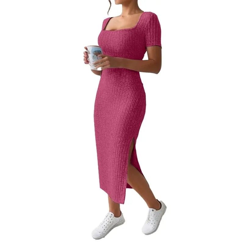 Summer Square Neck, Hip-Hugging Mid-Length Skirt, Short-Sleeved, Versatile Knitted Slit Dress - Dhavinci