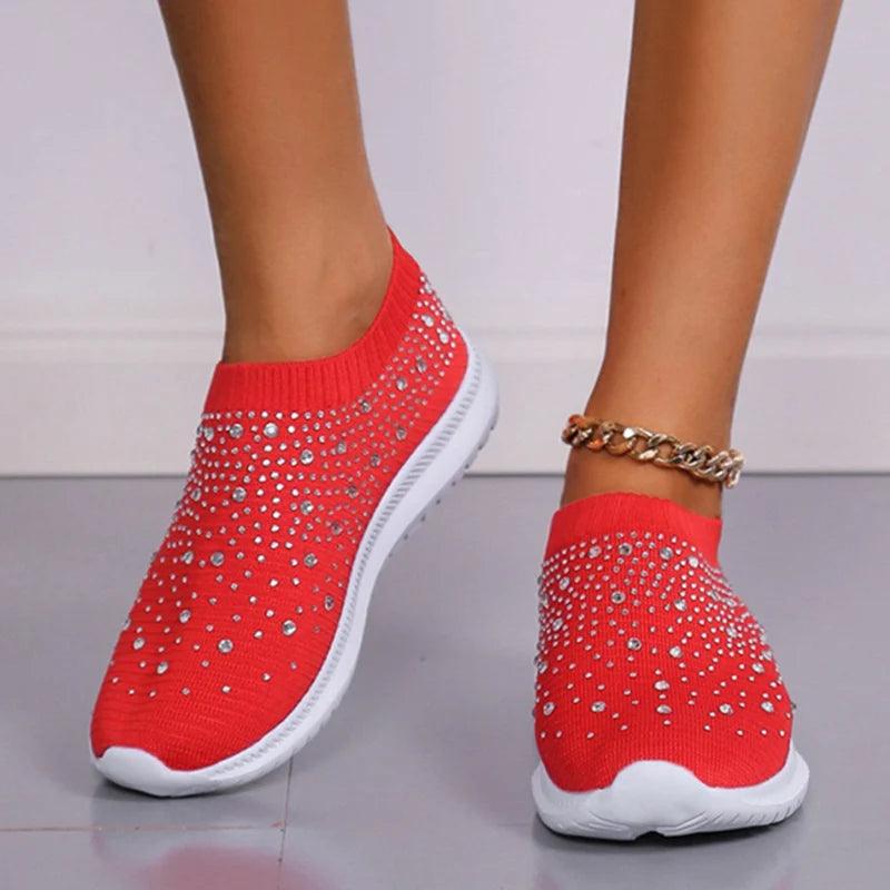 Shining Crystal Flats for Women | Breathable Knit Platform Sneakers - Dhavinci