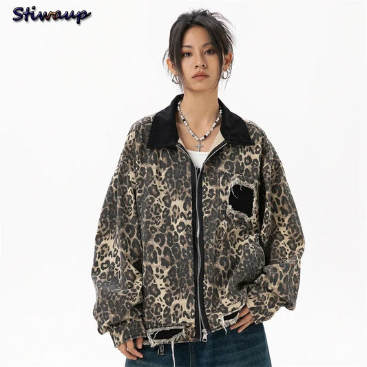 Women's Vintage Short Windbreaker Jacket Autumn 2024 Luxury Brand Cotton Leopard Denim Jackets for Woman Women's Autumn Clothes - Dhavinci