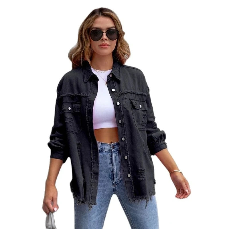 Women’s Raw-Edge Denim Jacket | Casual Spring Jean Coat - Dhavinci