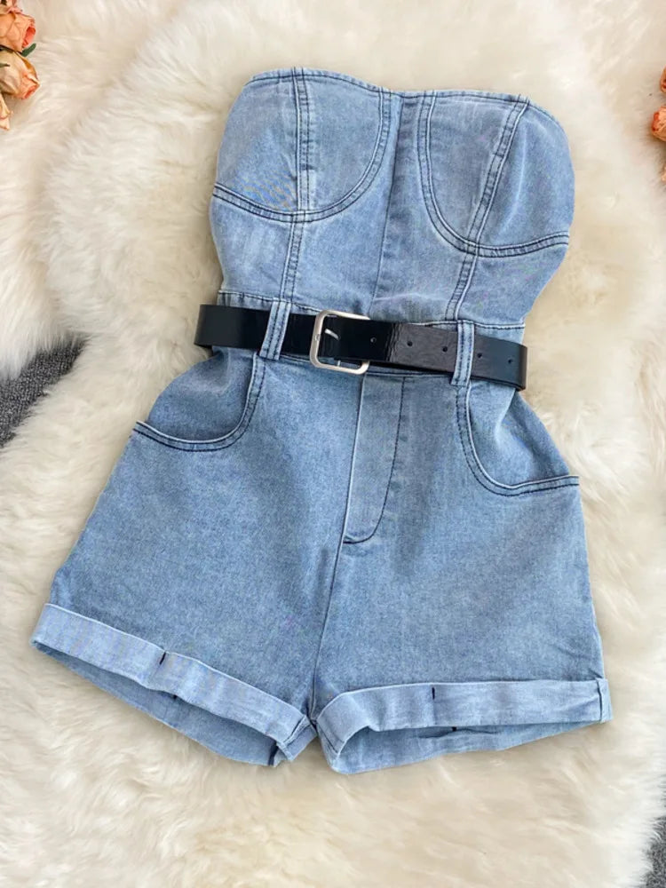 Off-Shoulder Denim Romper | Women’s Casual Wide-Leg Jumpsuit - Dhavinci