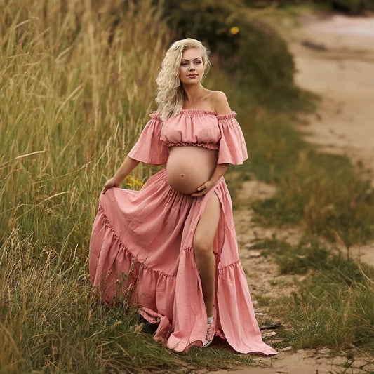 Boho Maternity Two-Piece Set | Vintage Linen Cotton Pregnancy Dress - Dhavinci