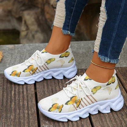 Butterfly Print Platform Sneakers for Women | Slip-On Breathable Flats - Dhavinci