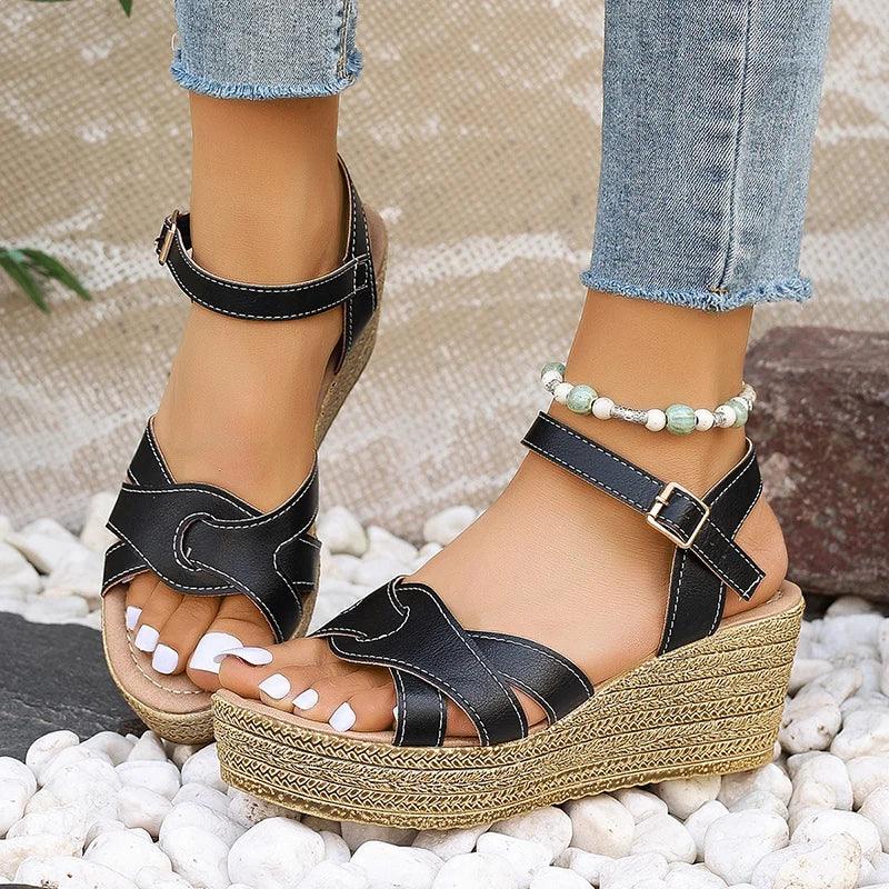 Fashion Weave Wedge Heel Sandals for Women | Leather Chunky Platform Shoes - Dhavinci