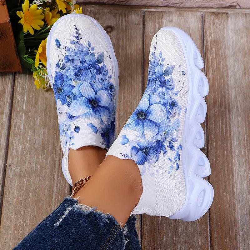 Flower Print Platform Sneakers for Women | Breathable Slip-On Shoes - Dhavinci