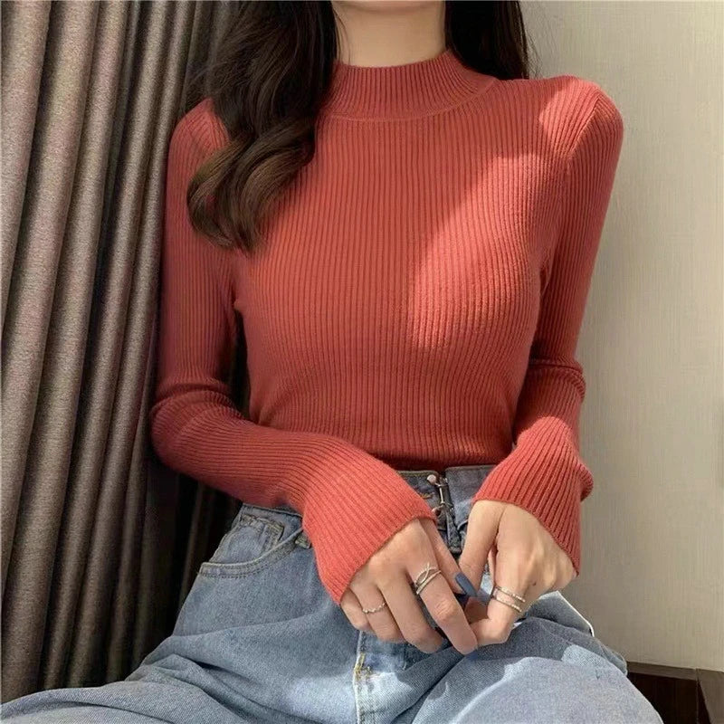 Women Long Sleeved Turtleneck Sweater Harajuku Pullover Women Knit Sweater Slim Elastic Korean Simple Basic Jumper Solid Tops - Dhavinci