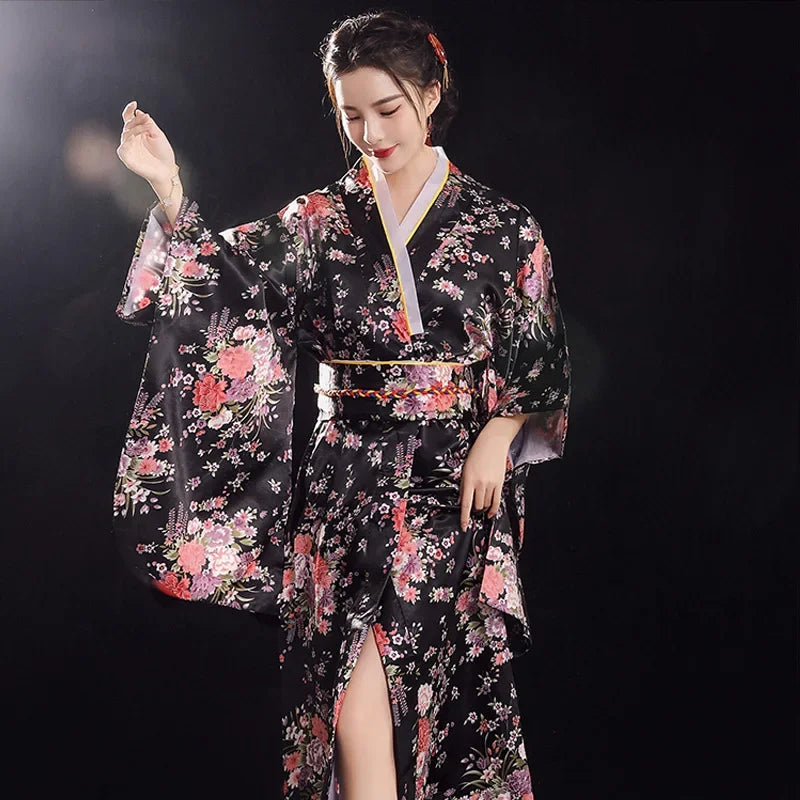 Japanese Traditional Kimono with Obi Yukata Print Flower Pajamas Women Silk Oversized Bathrobe Dress Vintage Stage Show Costume - Dhavinci