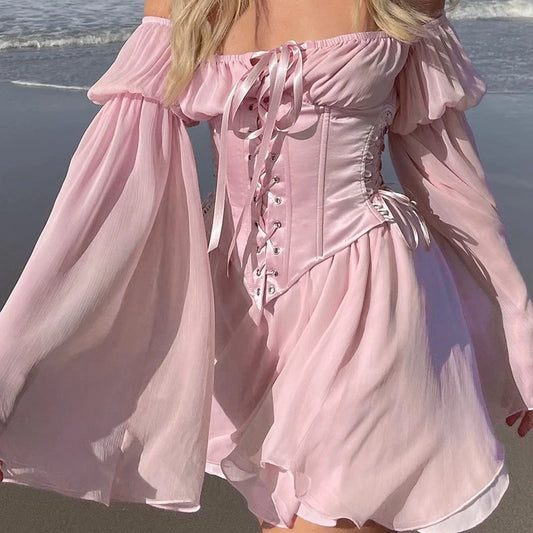 Fairy Pink Chiffon Mini Dress Chic Women Bandage Corset Vintage Long Puff Sleeve Sundress Slash Neck Bridesmaid Bodycon Beach - Dhavinci