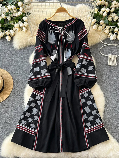 Bohemian Retro Ethnic Style Dress Women's Spring Autumn Embroidered Lace Up Lantern Sleeves Waist Cinching Long Dress A153 - Dhavinci