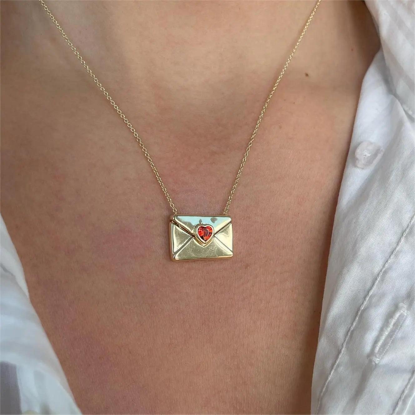 Copper Envelope Necklace with Red Hearts | Unique Love Pendant - Dhavinci