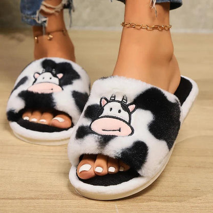 Cartoon Cow Fur Slippers for Women | Warm Fluffy Open Toe Home Slides - Dhavinci