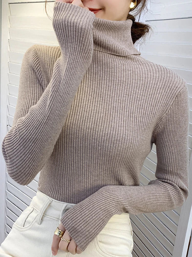 ZOKI New 2023 Women Pullover Turtleneck Sweater Autumn Long Sleeve Slim Elastic Korean Simple Basic Cheap Jumper Solid Color Top - Dhavinci