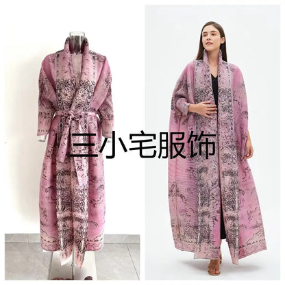 Pleats Pleated Abaya Long Printed Jacket Trench Windbreaker Evening Gown Gown 2024 Autumn New Loose Extended Coat Women Clothing - Dhavinci