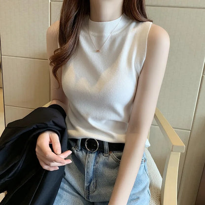 New Women's Solid Color Top Temperament High-Grade Sense With Knitted Sweater Bottom Shirt Halter Vest Short Sleeveless - Dhavinci