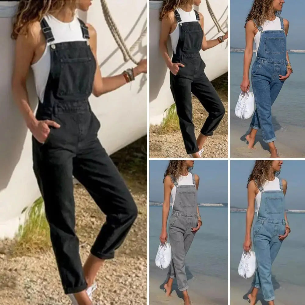 Denim Overalls with Pockets Stylish Plus Size Denim Jumpsuit with Adjustable Straps Side Pockets Women's Loose Backless for A - Dhavinci