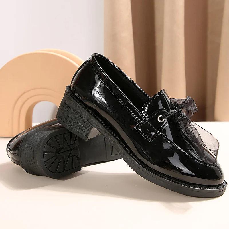 Fashion Ribbon Lace-Up Loafers for Women | Patent Leather Med Heel Pumps - Dhavinci