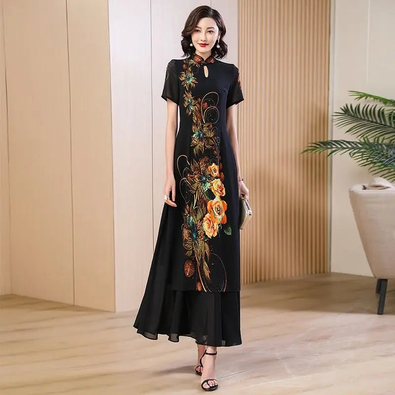 Chinese Qipao Dress | Modern Embroidered A-Line Cheongsam - Dhavinci