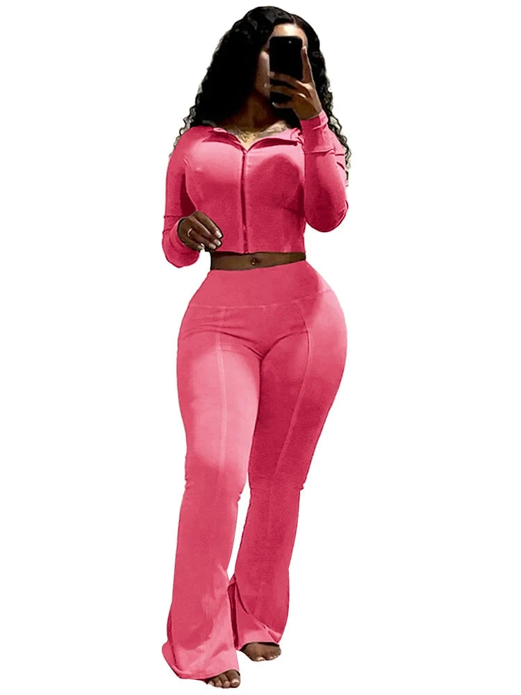 Women's Retro Sportswear Set | Hoodie & Flared Pants Pink Outfit