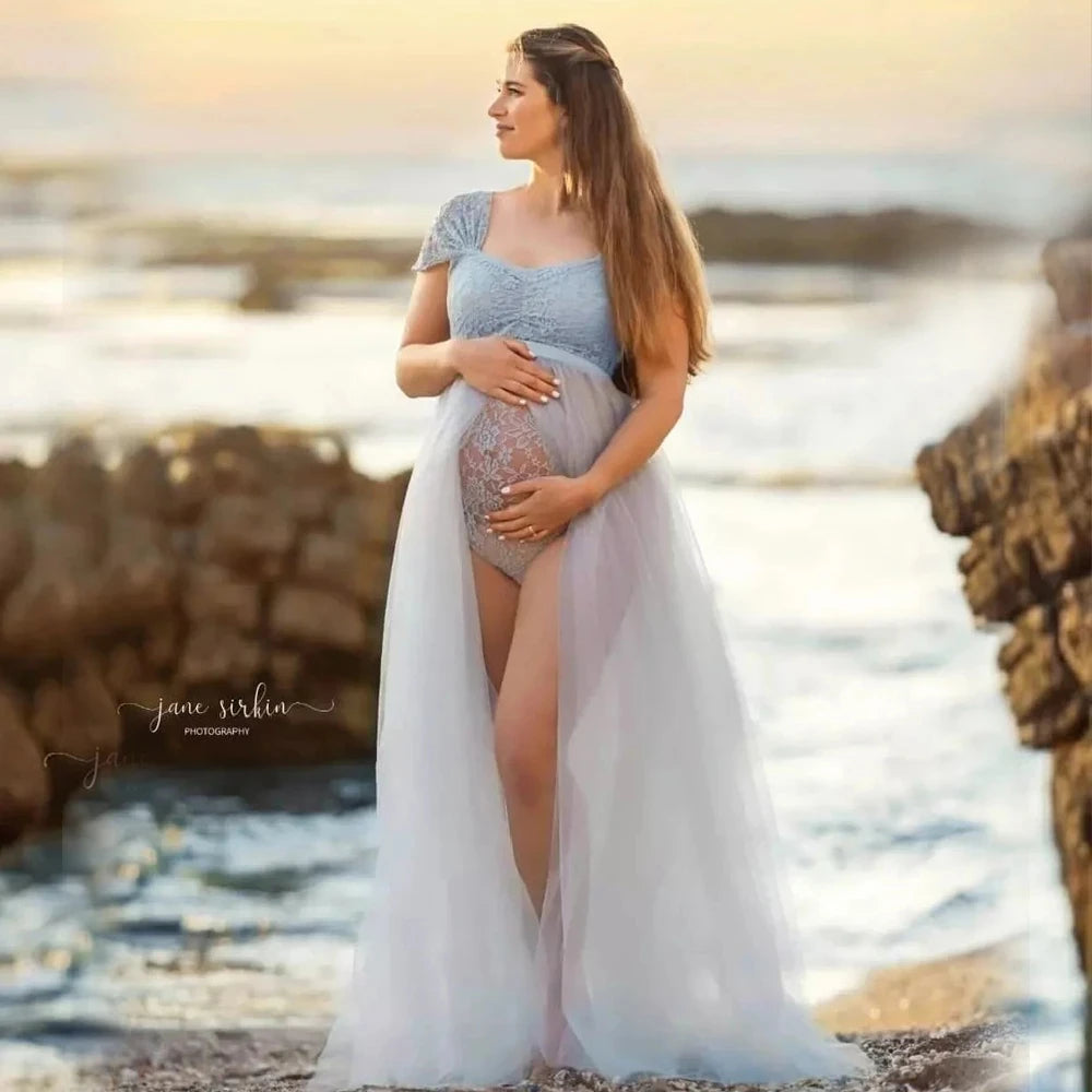 Maternity Photography Dresses Pregnancy Lace Bodysuit  Tulle Long Sides Slit With Flying Dress Pregnant Woman Photo Shoot Outfit - Dhavinci