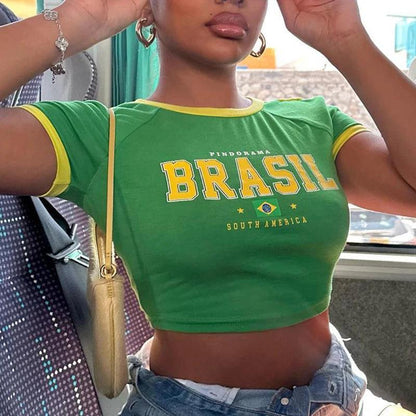 Green Brazil Print Crop Top | Retro Y2K Street Aesthetic T-shirt - Dhavinci