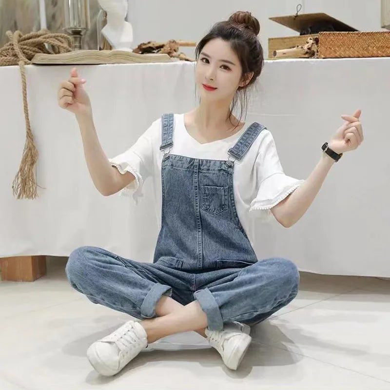 Biyaby Washed Denim Jumpsuit Women Casual High Waist Blue Wide Leg Pants Female 2024 Spring Korean Loose Pockets Jean Overalls - Dhavinci