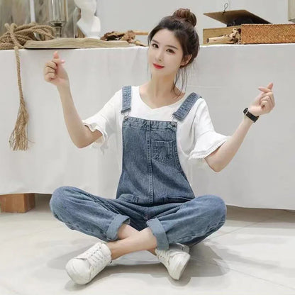 Biyaby Washed Denim Jumpsuit Women Casual High Waist Blue Wide Leg Pants Female 2024 Spring Korean Loose Pockets Jean Overalls - Dhavinci