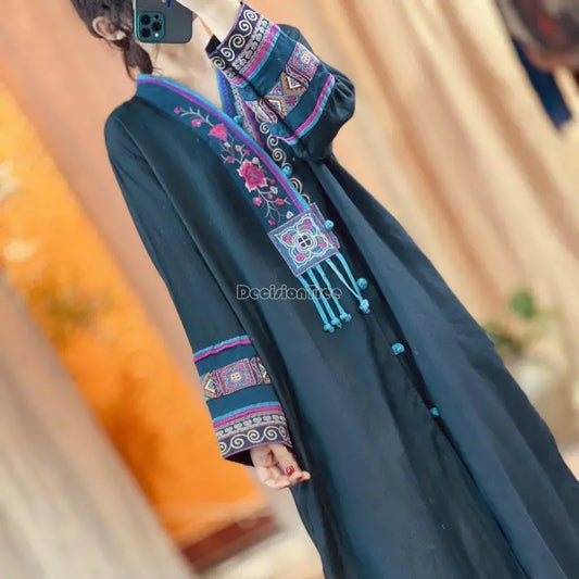 Chinese Embroidered Flax Dress | Ethnic Style Long Sleeve - Dhavinci