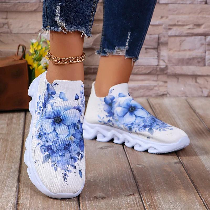 Flower Print Platform Sneakers for Women | Breathable Slip-On Shoes - Dhavinci