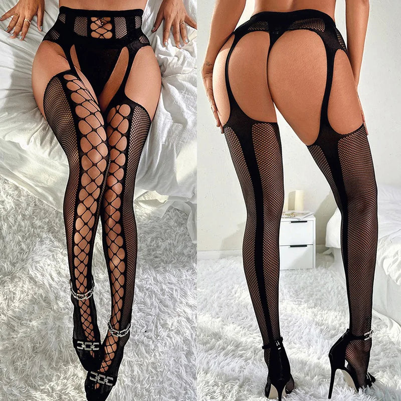 High Fishnet Teddy Lingerie | Crotchless Black Stockings & Belt Set