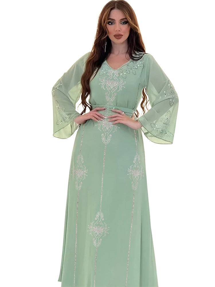 Eid Jalabiya Muslim Abaya | Elegant Diamond Lace-up Party Dress - Dhavinci