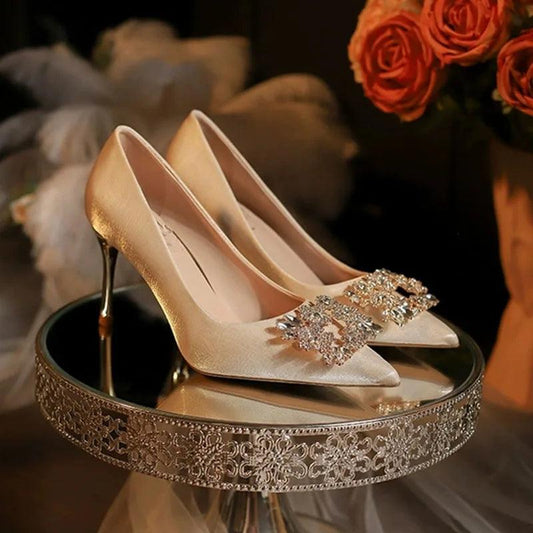 French-Style Wedding Shoes for Brides - Crystal Thin Heels Pumps - Dhavinci