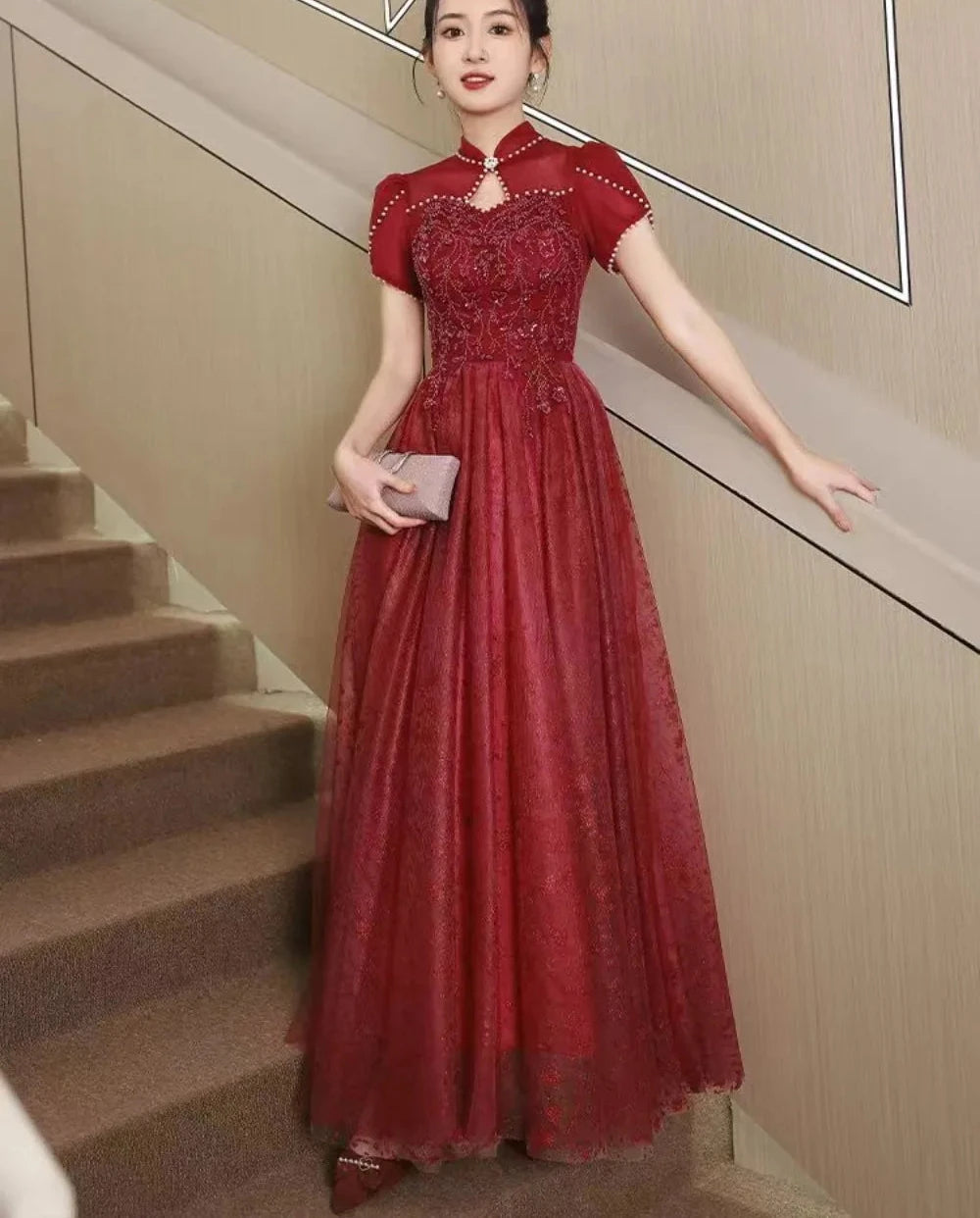 Mandarin Collar Pearls Bachelorette Party Dress Women Elegant Luxury Vintage Red Prom Dress Long - Dhavinci