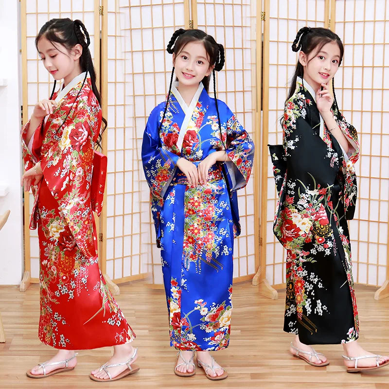 Classic Traditional Girls Kimono Gown Yukata with Obitage Japanese Bathrobe Print Flower Satin Cosplay Performance Clothing - Dhavinci