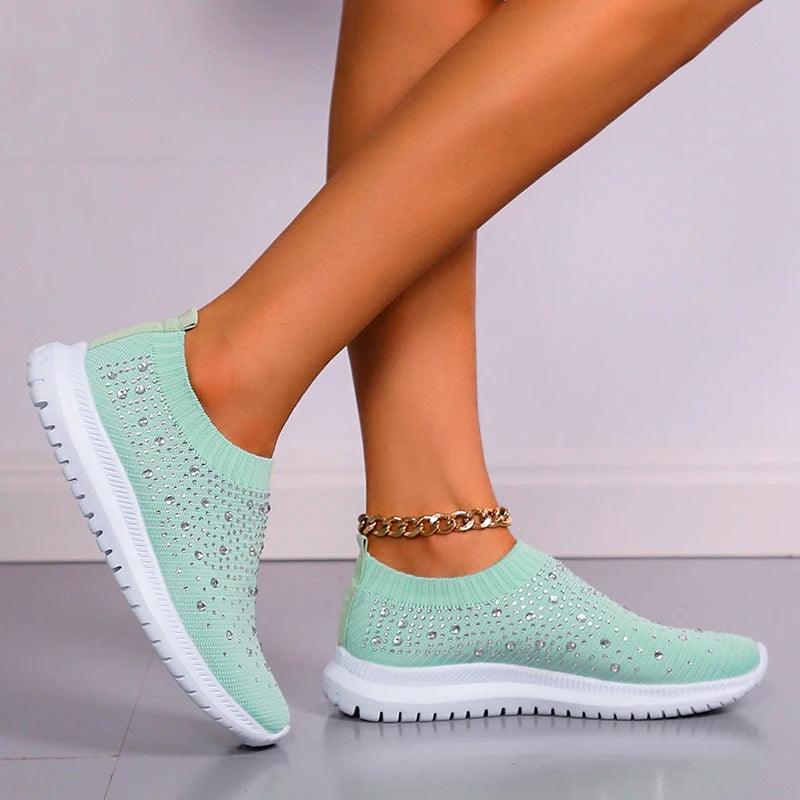 Shining Crystal Flats for Women | Breathable Knit Platform Sneakers - Dhavinci