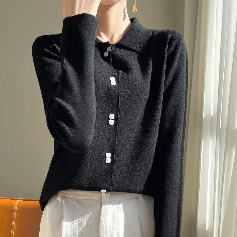 Lapel Neck Cashmere Cardigan | Women’s Long Sleeve Sweater - Dhavinci