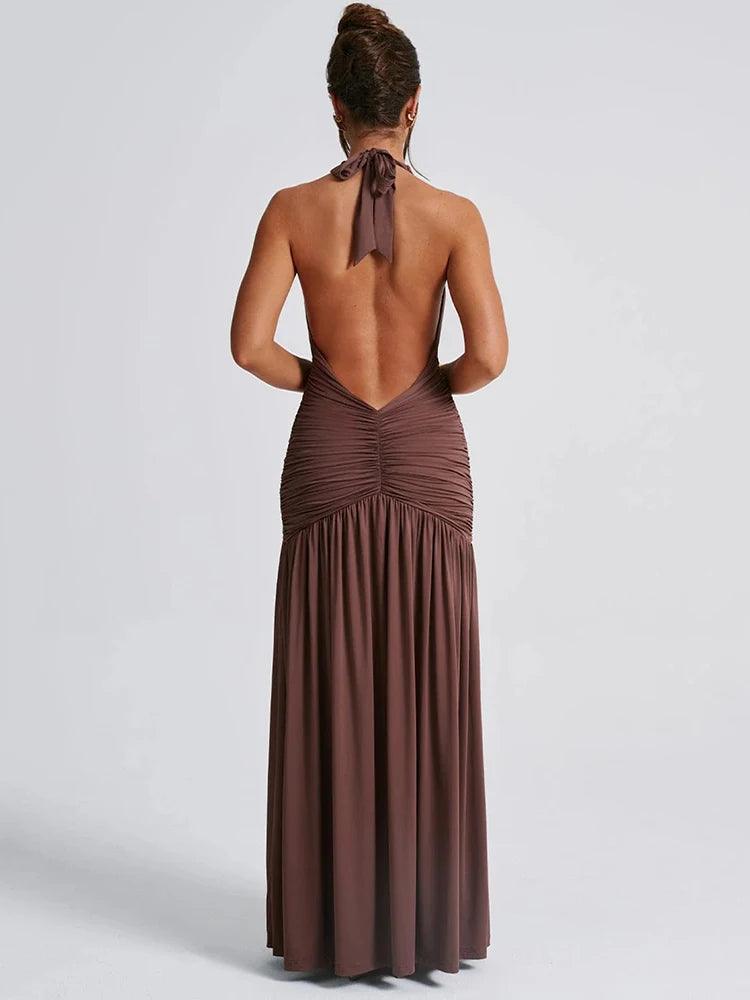 Halter Deep V-Neck Backless Maxi Dress for Women | Sexy Thigh-High Split - Dhavinci