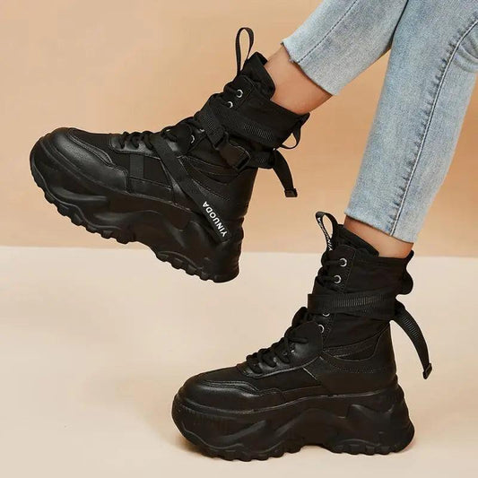 Chunky Platform Ankle Boots for Women | Black & White Punk Motorcycle Boots - Dhavinci