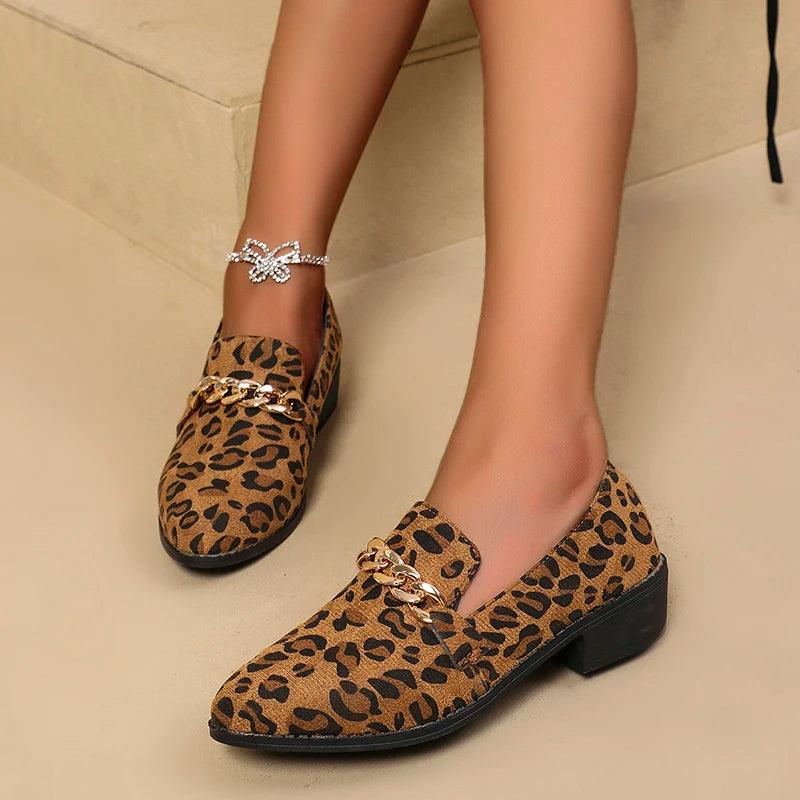 Leopard Print Medium Heels Pumps for Women | Chain Pointed Toe Party Shoes - Dhavinci