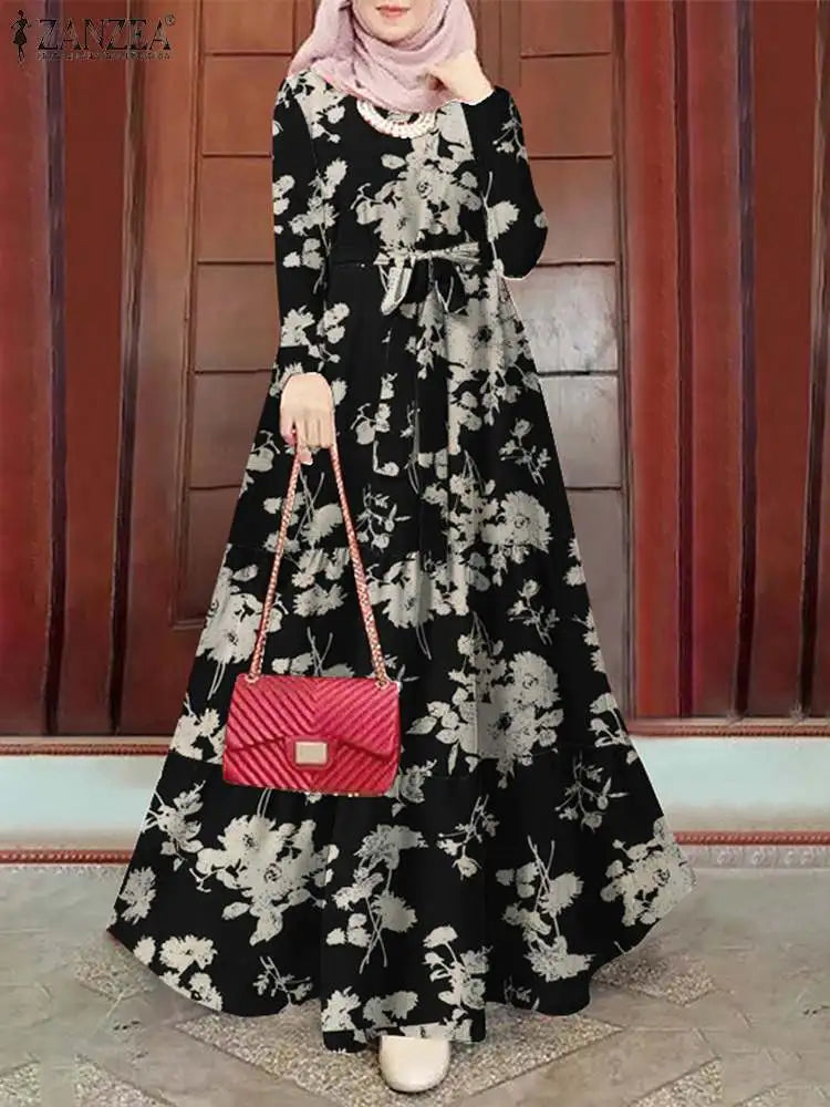 Spring Floral Muslim Dress | Long Sleeve Ramadan Maxi Kaftan Robe - Dhavinci