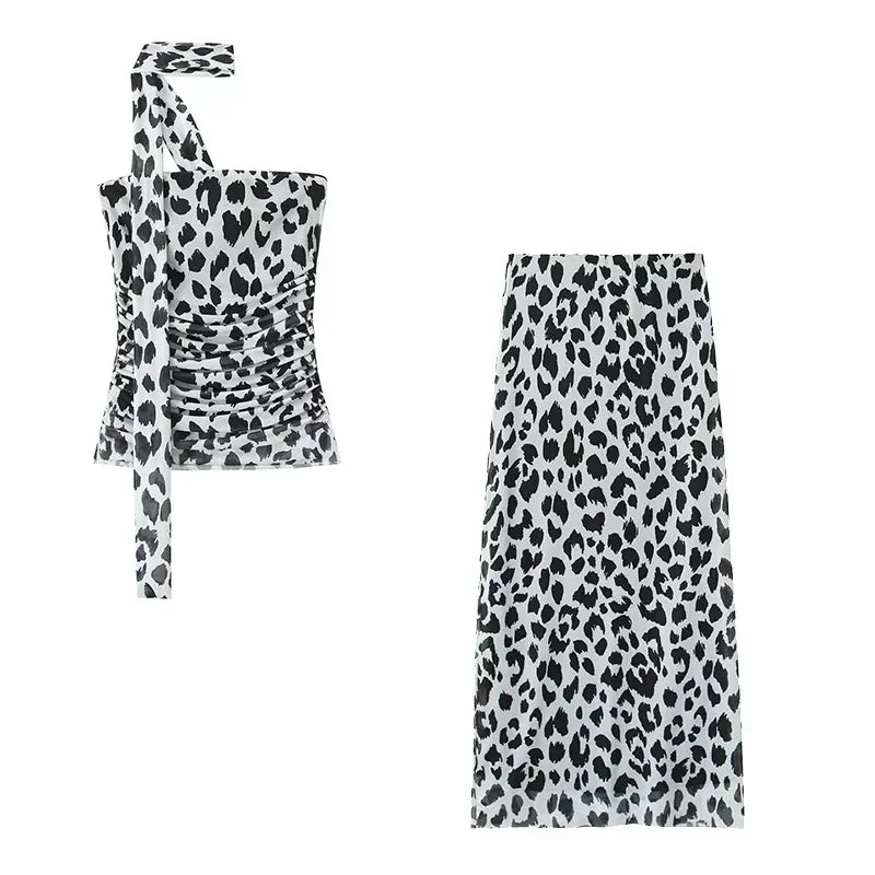 Women’s 2-Piece Tulle Leopard Set | Pleated Top & High Waist Midi Skirt - Dhavinci